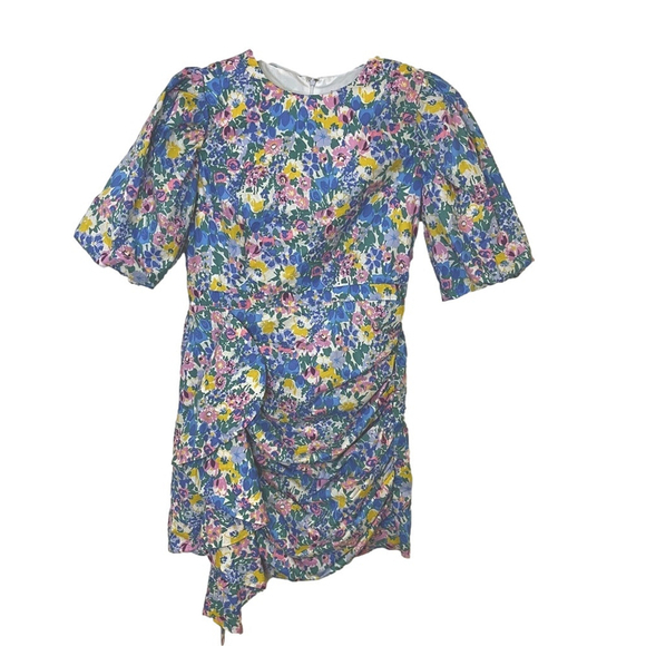 En Saison Floral Mini Dress Puffed Statement Sleeve Ruching Ruffle Cotton Small - Picture 4 of 13